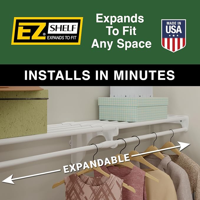 EZ SHELF - Closet Shelf with Hanging Rod – 42.5 to 75" Expandable, Silver, Closet Shelves – Strong, Holds 200 lbs – Easy Install – Backwall (floating) with 2 End Brackets, Alternative to Wire Shelving