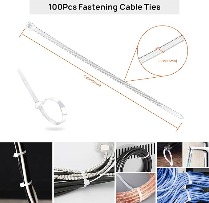 Cable Management Kit - 4 Cable Sleeve, 28 Self Adhesive Cable Clips, 29 Cord Holders, 10+2 Roll Cable Organizer Straps and 100 Fastening Cable Ties for TV Computer Under Desk (White)