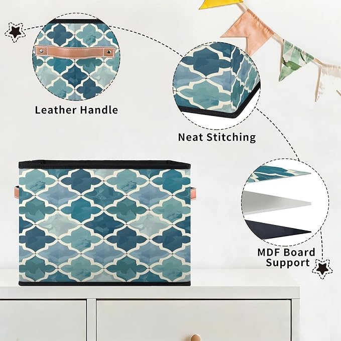 Retro Morocco Tile Closet Storage Bin, Foldable Storage Baskets for Shelves, Decorative Shelf Organizer Geometric Fabric Cube Bin for Living Room Bedroom Home Dorm