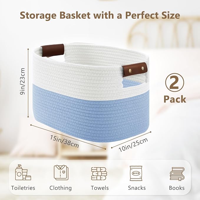 ECDYQXVU 15x10x9 Woven Cotton Rope Storage Basket, Leather Handles 2 Pack | Foldable Design, Sturdy PU Handles, Easy to Clean Organizer for Living Room, Closet, Shelves, Bedroom, Laundry, Clothes