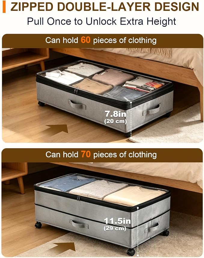 Under Bed Storage w/Wheels,70L Under Bed Containers,2 Pack-Grey | 11.5 Inch Under Bed Storage Containers,70L Large Adjustable Underbed w/ Lids,Rolling Underbed Storage Bins for Shoes,Clothes