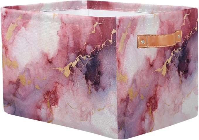 Rectangular Storage Baskets Abstract Pink Marble Fabric Storage Bin Toy Organizer Box with PU Leather Handles for Room Decor