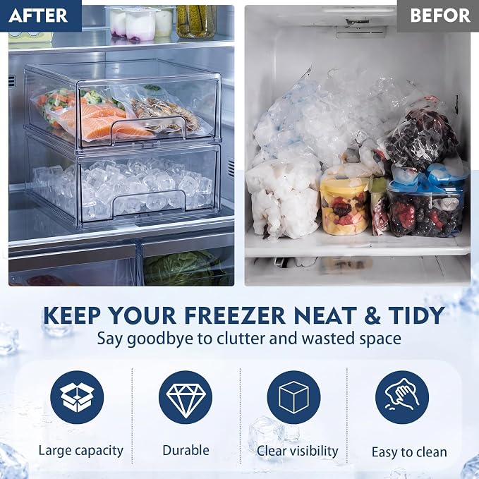 Havawish 1 Set Ice Container for Freezer with Scoop, Ice Storage Bin with Lid, Pull out Freezer Bin Organizer for Refrigerator, Clear Stackable Holder, Large 13.78 x 9.25 x 4.33 Inch