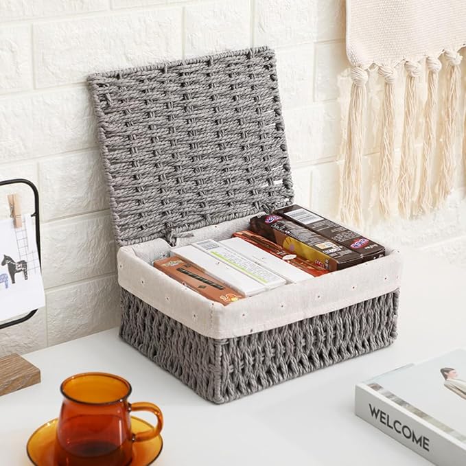 1PC Woven Storage Basket with Lid for Closet Shelf-Grey Medium | Bathroom, Closet & Shelf Storage Basket, Sewing & Towel Basket, Blanket & Toy Storage, Woven Basket with Liner
