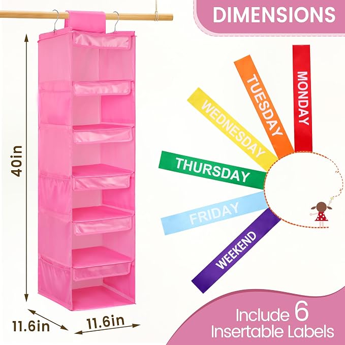 2 Pack 6-Shelf Weekly Clothes Organizer for Kids, Hanging Daily Closet Organization with 6 Side Pockets, Days of The Week Clothing Divider Storage for Boys and Girls (Pink)