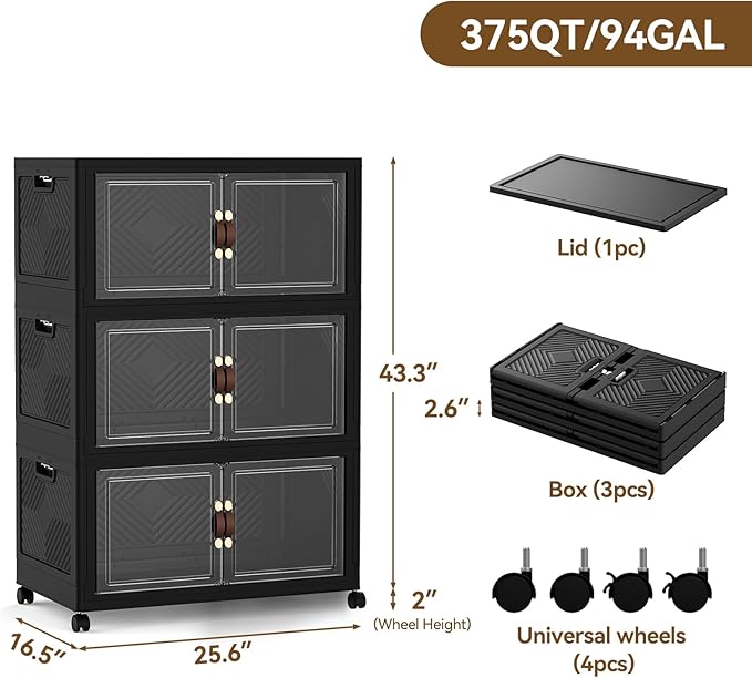 SAILUN 321QT/80Gal Stackable Storage Bins with a Lid, Collapsible Storage Bins With Doors, Folding Cabinet for Home Closet Organization,3 Pack-26 W x 16.5" D x 43.3" H Black