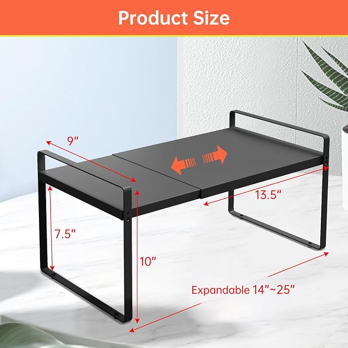 Adjustable Cabinet Shelves 9", Expandable 14~25" Metal Shelving for Pantry & Kitchen Organization, (2 Pack) Heavy-Duty Shelf Organizer, Fits Microwave, Spices, Countertop Storage