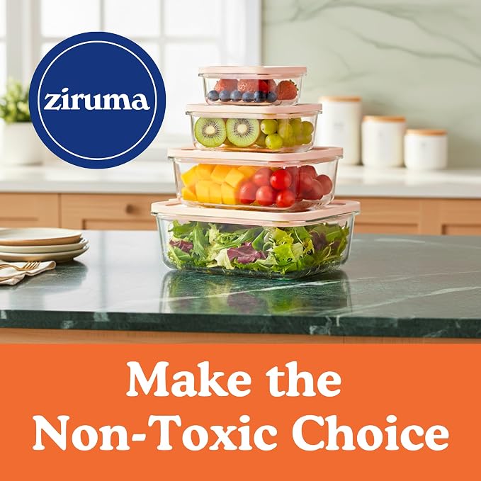 Ziruma Non-Toxic Glass Food Containers with Lids, 4-Pack, Multi-Size, Gray | Plastic & BPA free. Glass body, glass lid & platinum silicone seal. Airtight & leakproof. Freezer & microwave safe.