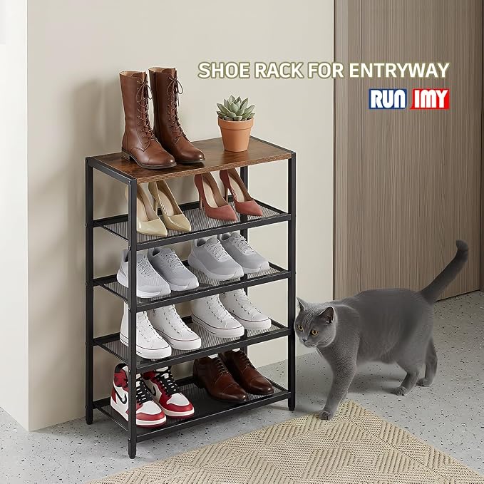 Tall Narrow Shoe Rack for Entryway Closet,5-Tier Shoe Storage Shelf | Small Vertical Shoe Organizer Wood, Sturdy Metal Mesh Shelves, Wooden Table Top, Holds 10 Pairs, for Front Door Entrance