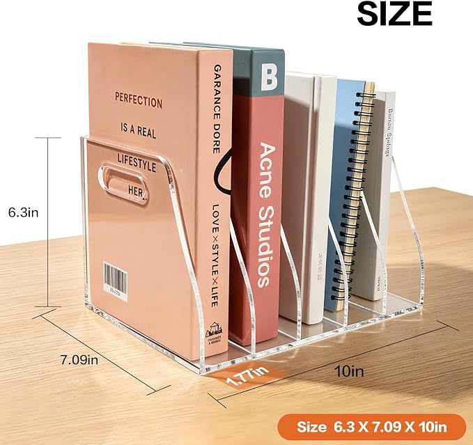 Acrylic Magazine File Holder with Carrying Handle, 5 Vertical Compartments Desk File Organizer, Clear File Sorter for Office, Magazines, Books, B5 Size
