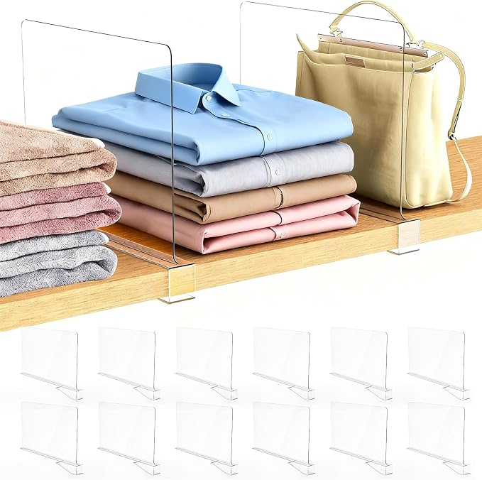 12 Pack Closet Shelf Dividers Purse Handbag Organizer Storage | Acrylic, Clear, Suitable for Kitchen, Office, Bookshelf, Cabinet, Sweater, Clothes, Towel, Bag Tall Separators Organization