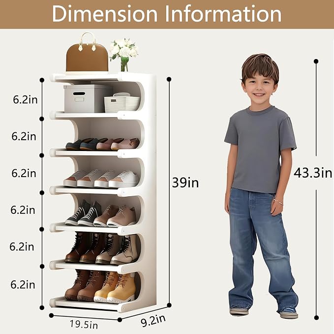 7-Tier Vertical Shoe Rack, Bamboo Free Standing Shoe Rack Shelf, Shoe Storage Stand, Entryway Shoe Tower, Vertical Shoe Organizer for Narrow Closet, Entryway, Hallway