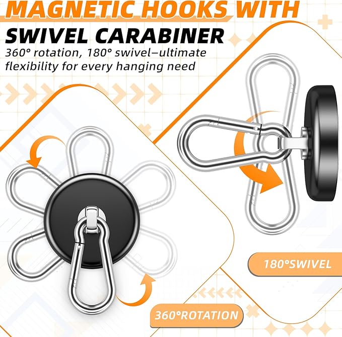 FINDMAG Magnetic Hooks 170LBS Heavy Duty Magnet with Carabiner Hook, Strong Magnetic Hooks for Hanging for Home, Cruise Ship, Office Locker, Workplace, Refrigerator or Travel (2 Pack)