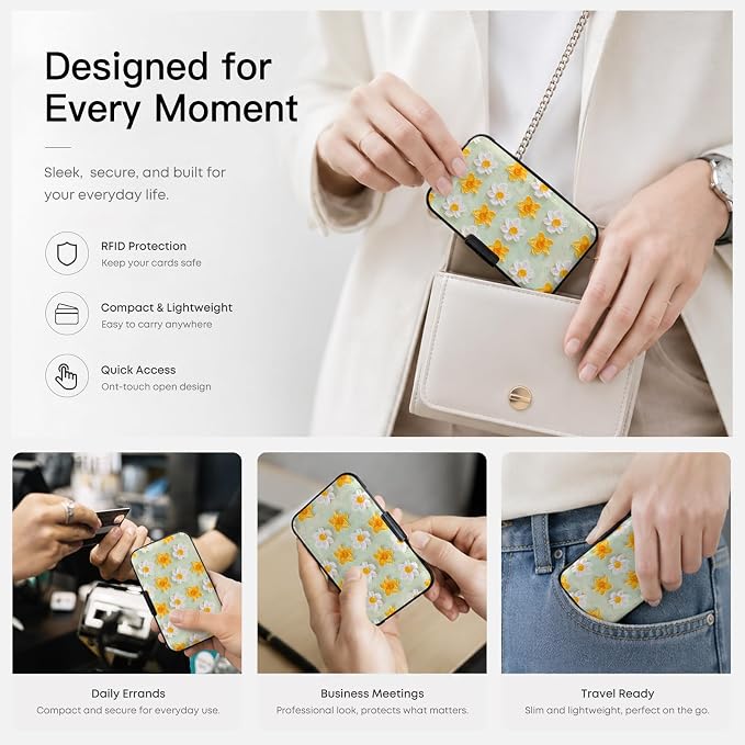 Credit Card Holder RFID Aluminum card case Flowers 3 mini Wallet Women Men | ABS Business ID Case,Hard Case Large Capacity 6 Slots, Waterproof Durable ，Secure Closure Slim Small Credit Card Protector