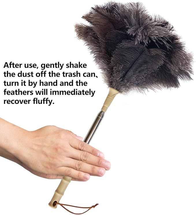 Aldwin Ostrich Feather Duster, 43" Extendable Feather Dusters for Cleaning | Genuine Fluffy Natural Reusable and Washable Handheld Feather Duster for Home, Office, Desk, Furniture, and Car Interior