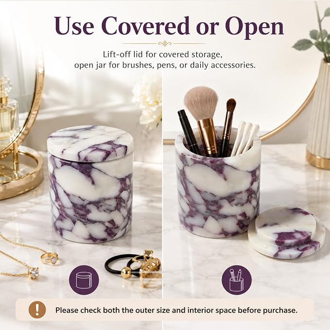 Natural Marble Round Jar with Lid, 4.13 in | A round marble jar that keeps cotton swabs, pads, and hair ties neatly stored with a natural stone accent.