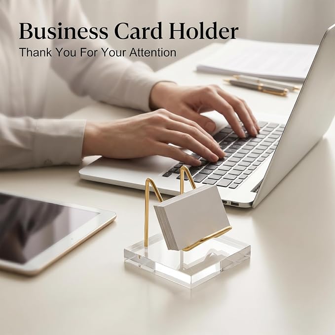 Skrfren Square Business Card Holder Metal Display Stand with Acrylic Base Business Card Holder Desk Rock Easel Stand for Fossil Coral Mineral Rocks Geodes Agate Collectibles