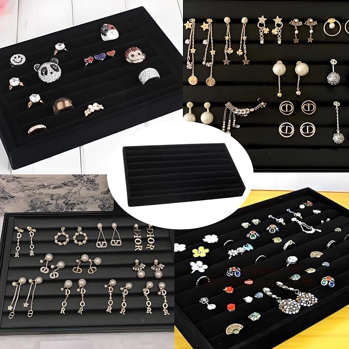 Velvet Jewelry Organizer Trays Black Stackable Jewelry Storage Display Tray, 8 Rolls
