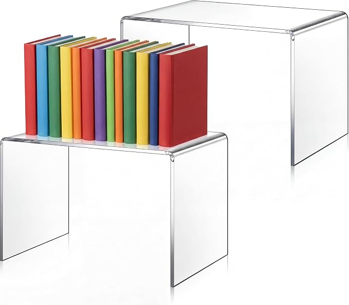RattanView 2 Pcs 9 x 6 x 6 Inch Large Acrylic Risers Display Stands 5 mm Thick Acrylic Shelf Riser Showcase for Bookshelf Collectibles Jewelry Cupcakes Food Figures Perfume Cabinet (Clear)