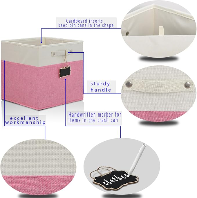 Storage Cubes,12 inch storage bins,Foldable Fabric Storage Cubes with Labels 4 Pack,Linen Cube Storage Organizer Bins Kallax Storage Cubes for Organizing Shelves Cabinet(White pink).