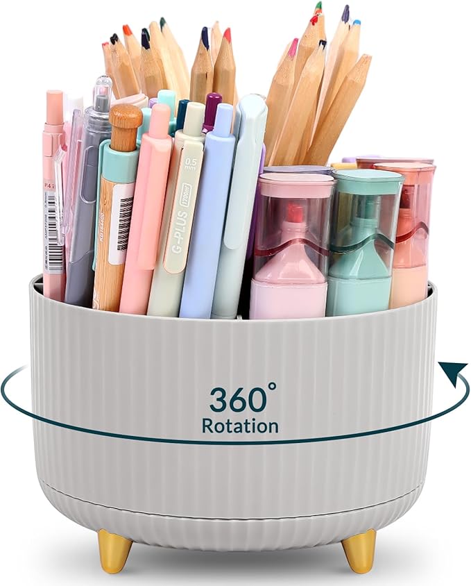 KONVINIT Pencil Pen Holder for Desk, 5 Slots 360-Degree Rotating Desktop Organizer, Cute Desk Organizers and Accessories for School, Home, Office and Art Supply, Grey