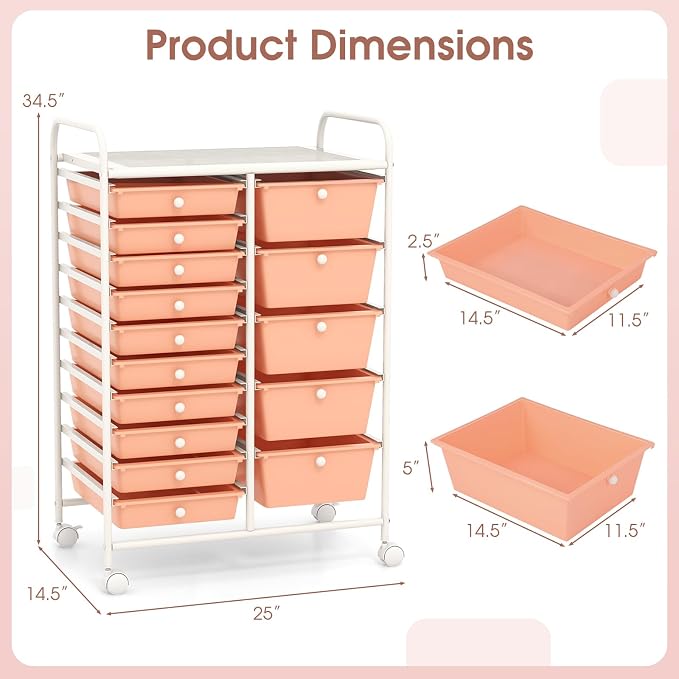 RELAX4LIFE 15-Drawer Storage Drawer Carts - Mobile Rolling Utility Cart w/Wheels, Craft Organizer for Classroom Organization and Storage, School, Office, Home, Storage Organizer Cart (Pink)