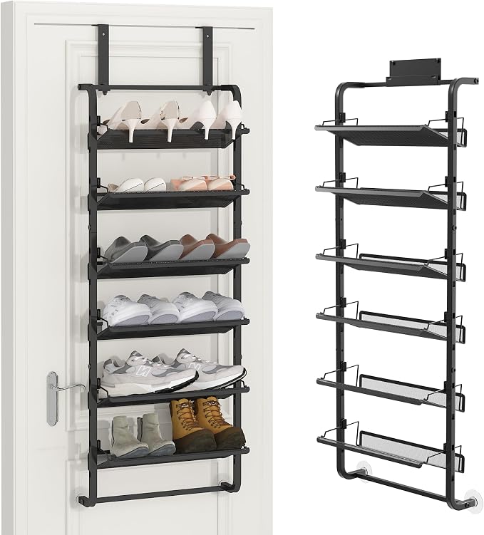 BUKFEN 6 Tier Adjustable Heavy Duty Metal Shoe Rack, Door Hanging and Wall Mount Organizer for Closet, Bedroom, Entryway, Laundry, Apartment, Small Spaces, Space Saving Solution for Busy Homes