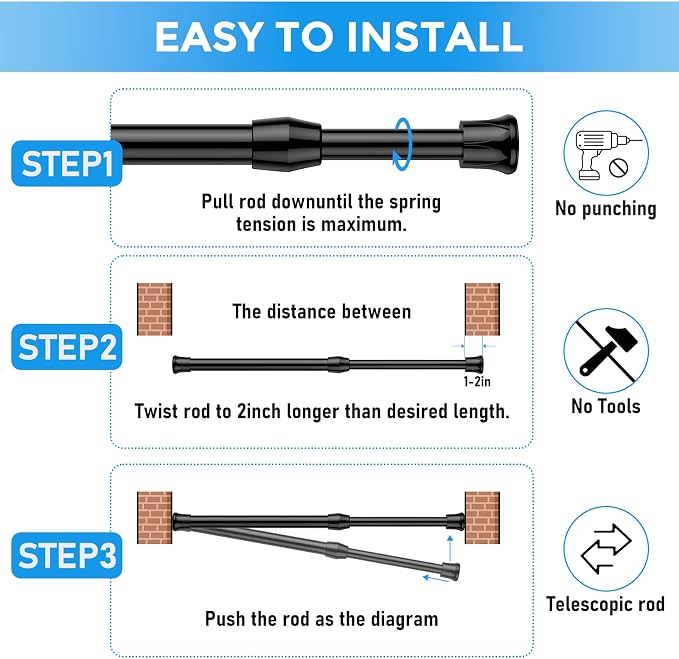 2 Pack Small Tension Rod 12 to 19 Inch Adjustable Tension Rod Mini Curtain Rod Spring Rod No Drilling Short Tension Rods for Windows, Cupboard, Kitchen, Black