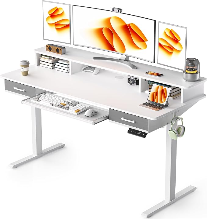 WALKINGDESK 55 Inches Electric Standing Desk with Keyboard Tray, Height Adjustable Sit to Stand Table with 2 Drawers, Ergonomic Home Office Desk with Storage Shelf, Computer Table, White