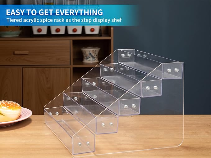 Tiered Spice Rack Acrylic, Spice Rack Shelf Seasoning Organizer | for Countertop, Cabinet, Pantry, Kitchen Storage - 5 Tier