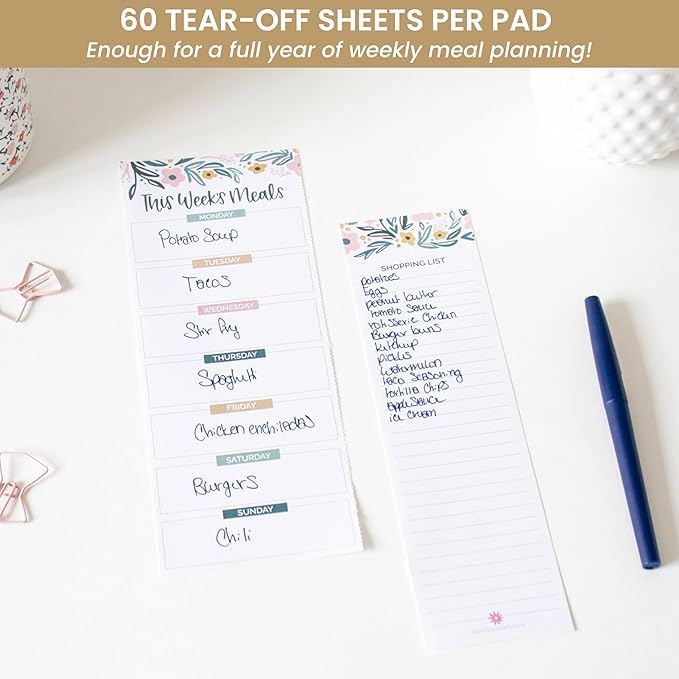 bloom daily planners Weekly Meal Planning Pad - Magnetic Hanging Refrigerator Menu Planner with Tear-Off Sheets & Perforated Grocery Shopping Lists - 6” x 9” (Garden Blooms)