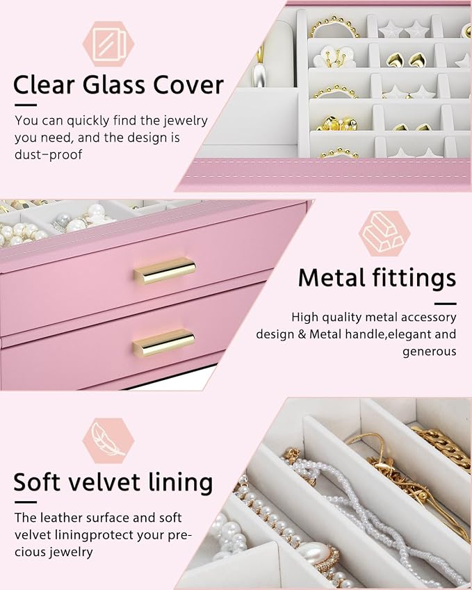 AKOZLIN Jewelry Box with Clear Lid Functional Leather Jewelry Storage Organizer Case 2 Drawers for Women Girls Necklace Ring Bracelet Earring