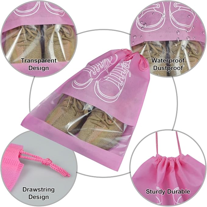 5 Pack Shoe Bags for Travel, Drawstring Bag for Men Women, Shoe Storage, Travel Essentials, Organization Accessories (5, Pink)