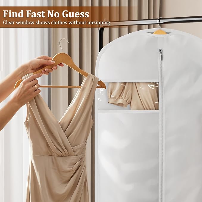 KIMBORA 65" Dress Bags for Gowns Long Garment Bags for Hanging Clothes with Clear Window, Foldable Wedding Dress Cover for Closet Storage and Travel (1 Pack, White)