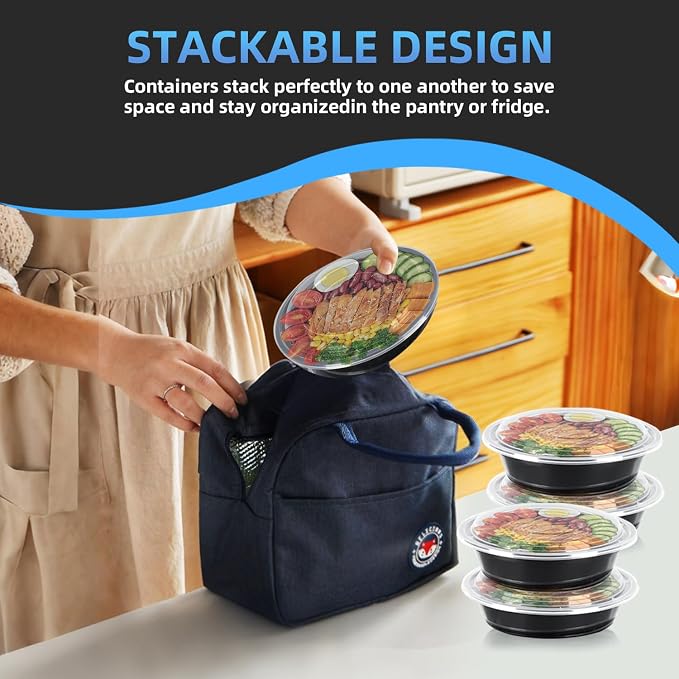 32oz Take Out Containers with Lids, 50 Pack, Black | BPA-Free Disposable Meal Prep Containers, Stackable Bento Boxes, Microwave Safe Bulk Lunch Food Containers
