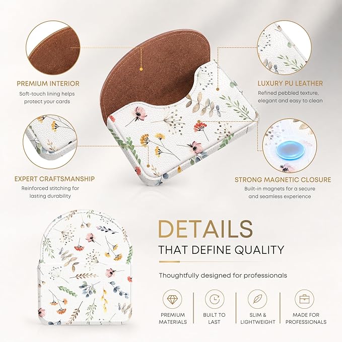 Business Card Holder，PU Leather Business Card Case Wallet White Floral | Pocket Travel Name Card Case for Men and Women Gift，Portable Magnetic Business Card Carrier for Purse