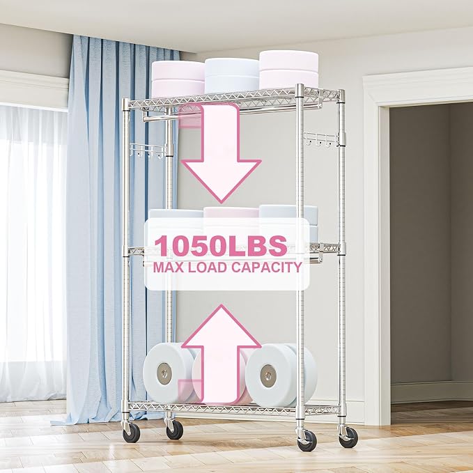 M MZG Heavy Duty Rolling Garment Rack 3 Tiers Adjustable Wire Shelving Clothes Rack with 2 Rods and Side Hooks,Storage Closet Clothing Rack with Wheels Chrome 15.7" D x 45.3" W x 79.6" H