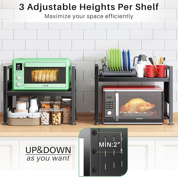 Kitstorack Adjustable Microwave Oven Rack,Microwave Stand Shelf Heavy Duty 2-Tier Shelf with Cutting Boards Stand for Kitchen Shelves Counter Top Organizer, Holds 120lbs,9 Hooks