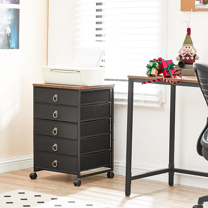 HOOBRO 5-Drawer Chest, Office File Cabinet with Drawers, Rolling Printer Stand, Filing Cabinet for Living Room, Home Office, Nonwovens Drawer, Easy Assembly, Black BFK50WJ01