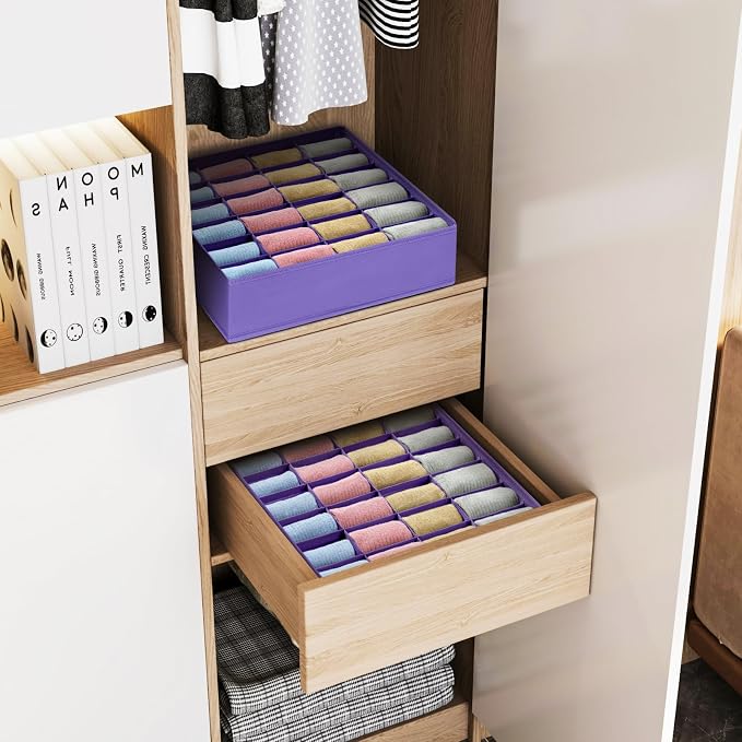 Joyoldelf Sock Drawer Organizer Divider 2 Packs Underwear Organizer, 24 Cell Closet Organizers and Storage Organizer Sock Holders Organizers for Storing Socks, Handkerchiefs, Ties, Belts (Purple)