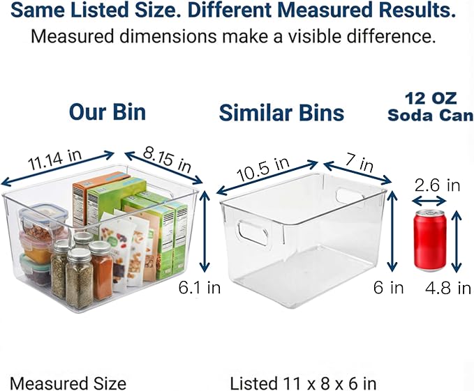 MOONEDGE 4 Pack Clear Plastic Storage Bins 11x8x6in Storage Containers | Drawer Organizer with Handles, Clear Bins for Organizing, Pantry, Kitchen, Fridge, Bath, Cabinet, Closet Shelf, Under-Sink