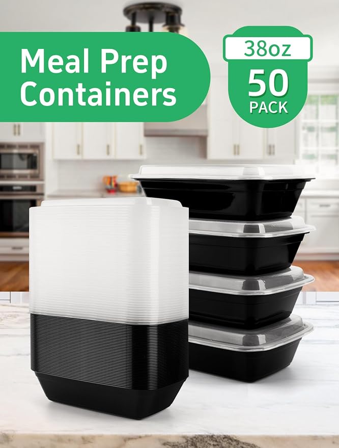 UMT Plastar 38 oz Rectangular Meal Prep Containers with Lids, 50 Pack BPA-Free Food Storage Containers