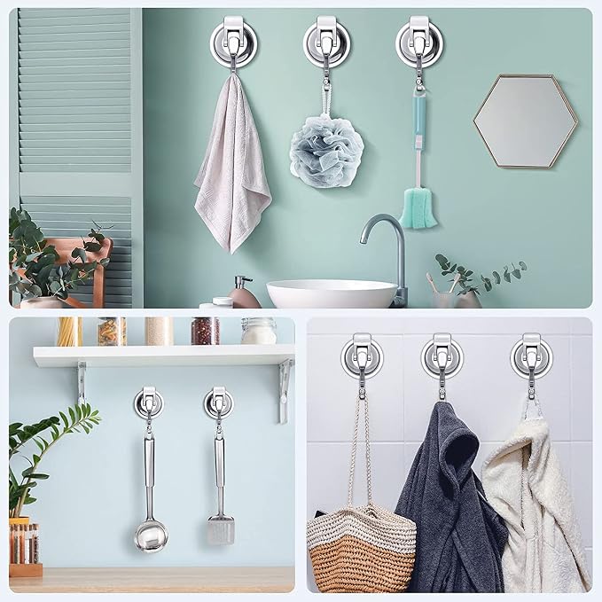 Wreath Hanger, 6 Pack, Silver-Plated Polished Suction Hooks for Window Glass Kitchen Bathroom, Reusable Without Punching for Towel Loofah Robe Coat Wreath Decor, ABS Plastic