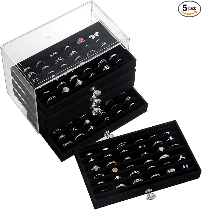SPAKOWN Ring Box Display Holder, Clear Velvet Jewelry Storage Tray Organizer for Ring Stud Earring (Black, 5 Drawers)