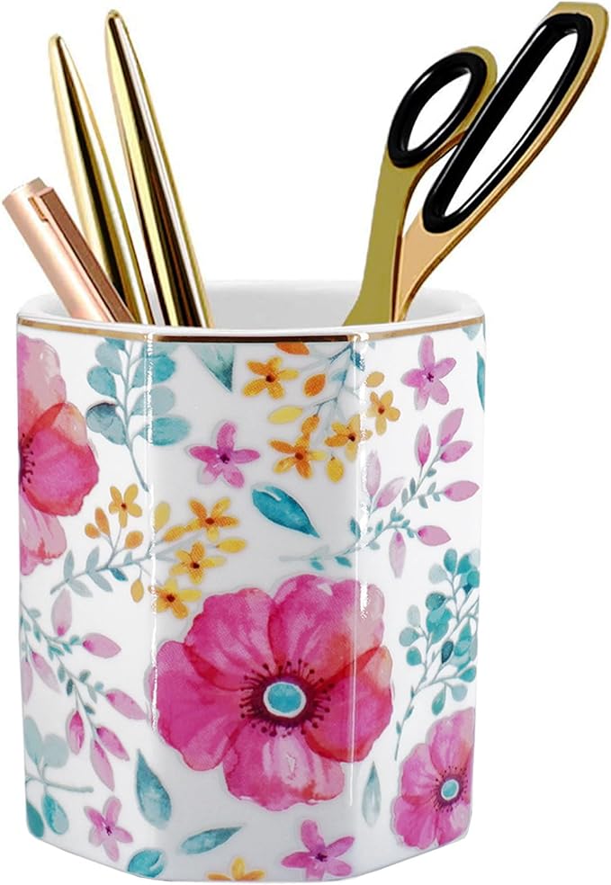 Pen Holder, Makeup Brush Holder Ceramic Shiny Gold Spring Floral Pattern Pencil Cup for Girls Kids Women Durable Stand Desk Organizer Storage Gift for Office, Classroom, Home (Purple Red)
