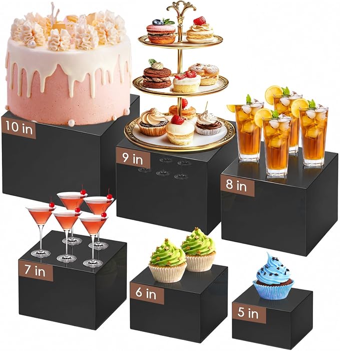 6Pcs Black Buffet Risers Set (Size 5",6",7",8",9",10"),Food Risers for Buffet Table Display Stand Shelf for Party Catering Dessert Collectibles Acrylic Cube Boxes Display with Hollow Bottoms