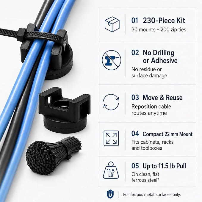 30 Pcs Magnetic Zip Tie Mounts with 200 Black Cable Ties, 22 mm Magnetic Cable Clips for Wire Management on Steel Cabinets, Racks and Ferrous Metal Surfaces