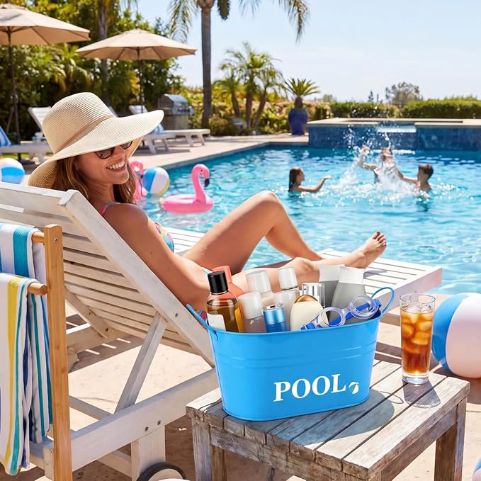 Blulu Pool Storage Bucket Metal Poolside Basket Above Ground Pool Bin Summer Basket Outdoor Storage for Sunscreen Goggles Flip Flop Spf Swimming Camping Beach Accessories Decor(Blue)
