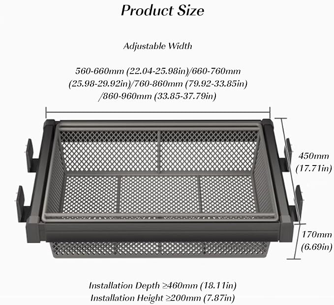 Expandable Cabinet Pull Out Basket,Aluminum Alloy Stackable Storage Bins,Height 6.69in Stackable Shelf Baskets Organizer,for Office Bathroom Bedroom(Gray,79.92-33.85in)