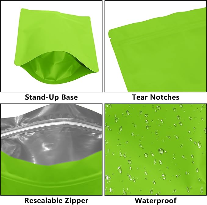 50PCS Smell Proof Resealable Pouch Bags,ULIFESTAR Aluminum Foil Flat Food Storage Bag,Sealable Pcsaging Zipper Pouches with Tear Notches for Pcsaging Lipgloss,Jewelry,etc(20*30cm/7.87*11.81",Green)
